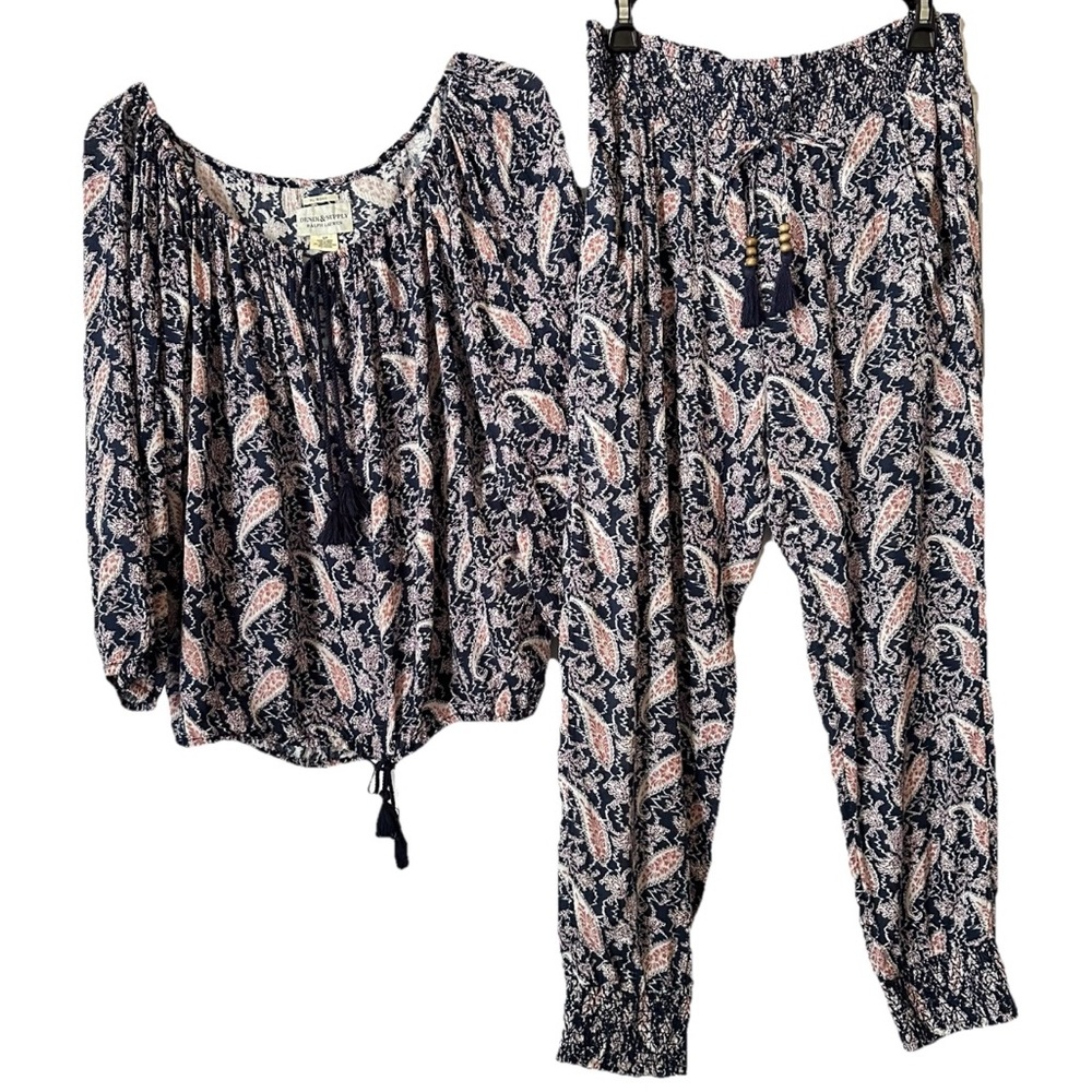 2 Piece Coord Denim & Supply Ralph Lauren Blue Boho Paisley Top and Pants Small